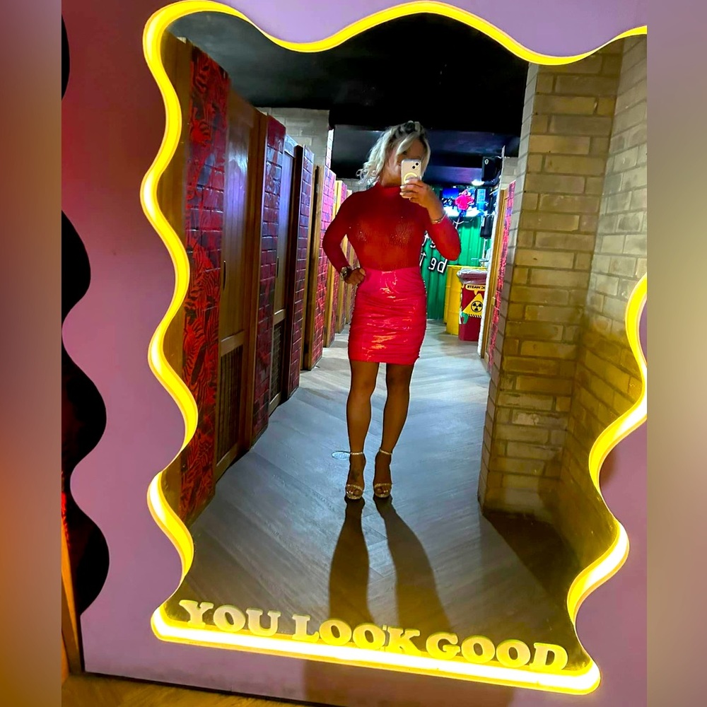 Pink sheer top, faux leather bottom dress. Worn once